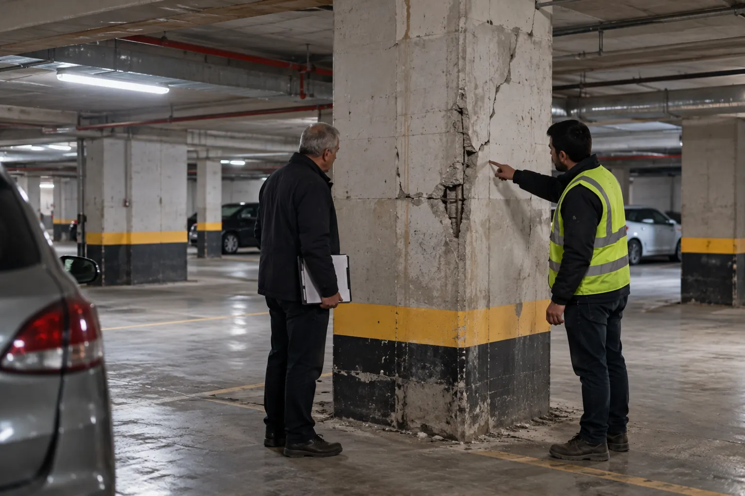 Apartman bodrumunda yönetici ve inşaat mühendisi çatlak bir kolonu inceliyor