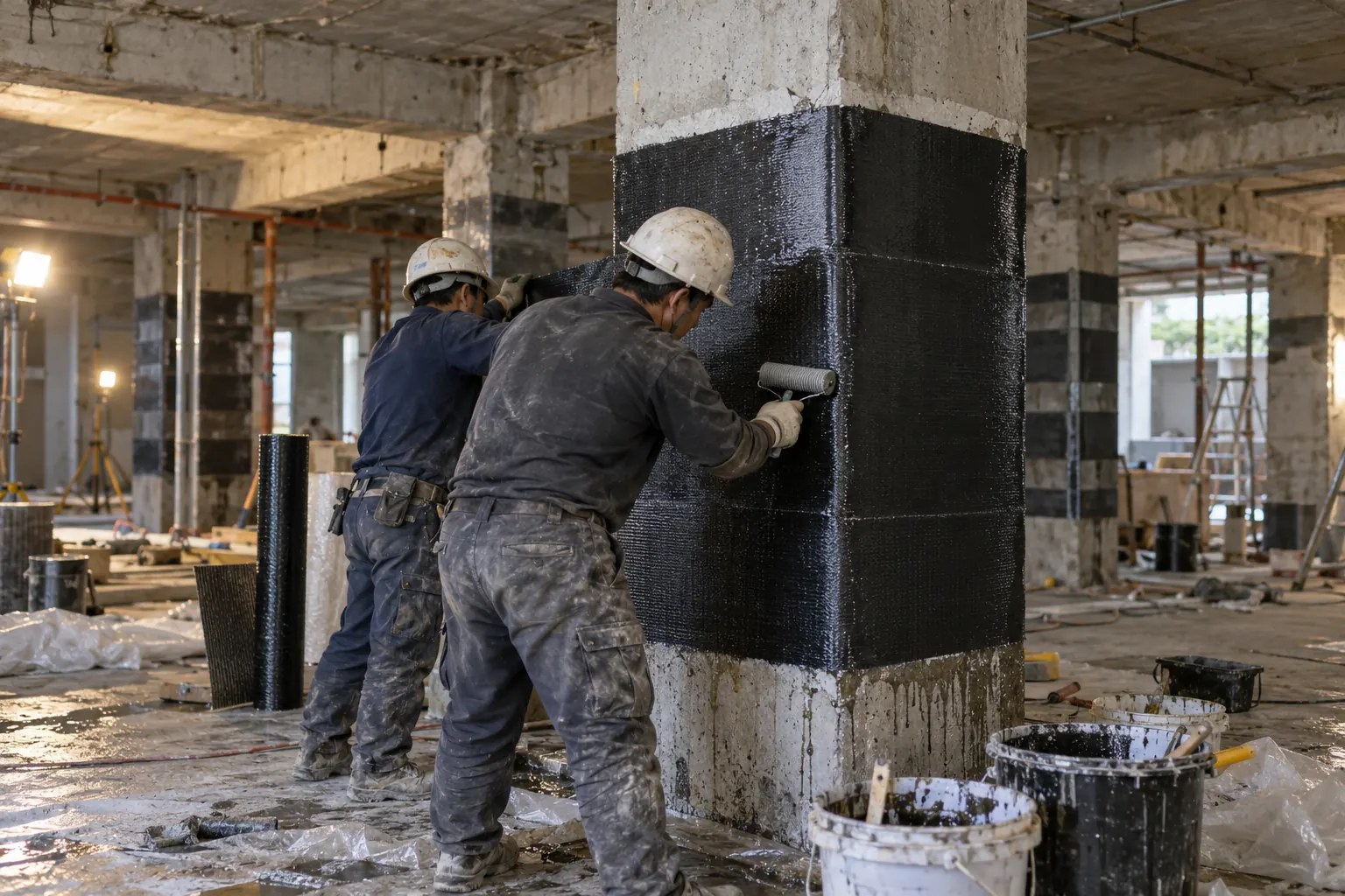 İşçiler betonarme kolonu karbon fiber (CFRP) kumaşla sararak güçlendiriyor
