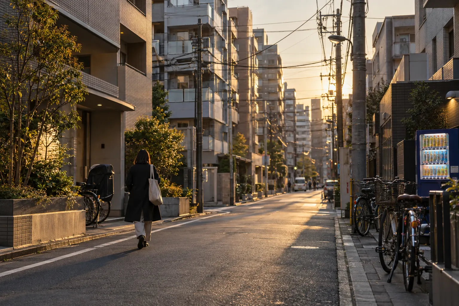 Tokyo'da modern orta katlı apartmanların bulunduğu bir konut sokağı