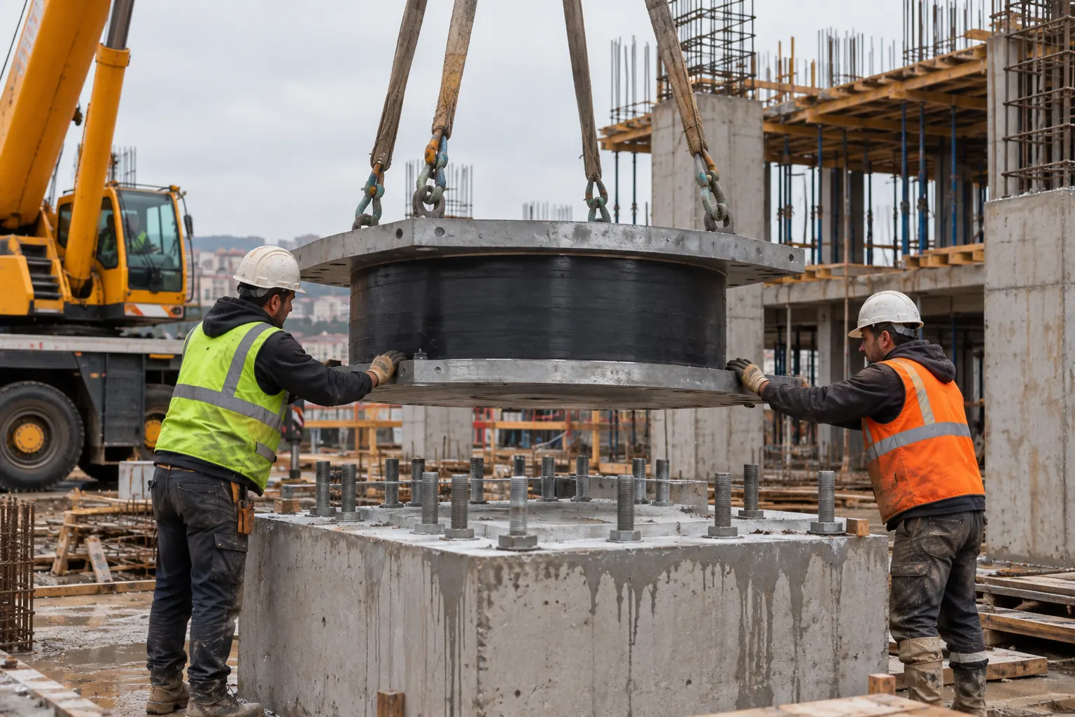 Şantiyede vinçle beton kaide üzerine indirilen sismik izolatör